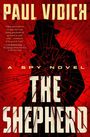 „PAUL VIDICH“, „THE SHEPHERD“, „A SPY NOVEL“. Silhouette eines Mannes mit Hut, roter Hintergrund mit zersplitterten Linien. 