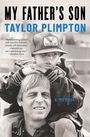 „MY FATHER'S SON“ und „TAYLOR PLIMPTON“ in großer Schrift. Schwarz-Weiß-Foto von Mann und Kind, Kind trägt Valvoline-Cap.