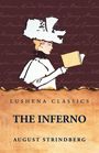Text: "Lushena Classics, The Inferno, August Strindberg." Illustration einer Frau mit Hut, die ein Buch liest.