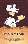 "Lushena Classics. Vanity Fair. William Makepeace Thackeray." Illustration: Frau im Hut liest ein Buch. Hintergrund mit Textfragmenten.