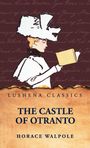 „Lushena Classics: The Castle of Otranto, Horace Walpole.“ Illustration einer Frau mit großem Hut, die ein Buch liest.