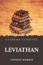 "Lushena Classics: Leviathan - Thomas Hobbes." Eine Illustration zeigt einen Stapel alter Bücher auf einem antiken Hintergrund.