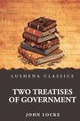 Text: "Lushena Classics, Two Treatises of Government, John Locke." Illustration von gestapelten, alten Büchern auf einem antiken Hintergrund.