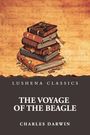 "Lushena Classics: The Voyage of the Beagle - Charles Darwin." Illustration: Stapel alter Bücher auf antikem Hintergrund.