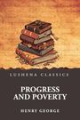 „Lushena Classics“, Titel: „Progress and Poverty“, Autor: Henry George. Illustration eines Bücherstapels auf bräunlichem Hintergrund.