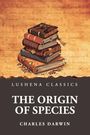 "Lushena Classics: The Origin of Species, Charles Darwin." Illustration mit einem Stapel alter Bücher und einem Pflanzenzweig.