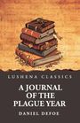 Lushena Classics: A Journal of the Plague Year, Daniel Defoe. Illustration von gestapelten alten Büchern und Blättern.