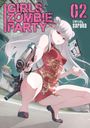 „GIRLS ZOMBIE PARTY 02 Story & Art Sarako.“ Junge Frau in rotem Dress, hält Pistole; im Hintergrund ein Motel.