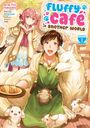 Der Text "Fluffy Café in Another World" ist in bunten Buchstaben. Mann mit Schürze und große Tiere, umgeben von niedlichen Wesen.