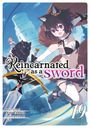 „Reincarnated as a Sword“, Illustration einer jungen Frau mit Katzenohren, Schwert und blauem Himmel im Hintergrund.