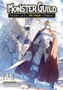 "Monster Guild: The Dark Lord’s (No-Good) Comeback! [11]" Illustration eines Ritters mit Schwert, vor einer Statue.