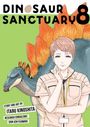 Oben steht "DINOSAUR SANCTUARY 8". Darunter eine lächelnde Person vor einem Dinosaurier mit orangefarbenen Platten.