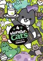 "4 Monster Cats, Story & Art by Pandania." Bunte, verspielte Katzen in verschiedenen Formen auf grünem Hintergrund.