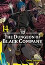 „The Dungeon of Black Company 14“ steht über einem Mann mit blauem Haar in schwarzer Kleidung, umgeben von Münzen und Kreaturen.