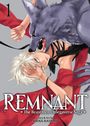 „REMNANT: The Beastmen Omegaverse Saga“. Ein Wolf und ein Mensch mit weißem Haar; rot-schwarze Kleidung.