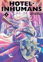 "Hotel Inhumans" und "Ao Tajima". Illustration: Person mit Gewehr, Blumenstrauß, fliegende Blütenblätter, lebendige Farben.