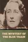 "THE MYSTERY OF THE BLUE TRAIN" steht in großen Buchstaben auf grünem Hintergrund. Oben ein Porträt mit dem Text "Agatha Christie".