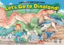 Eine bunte Gruppe von Dinosauriern, darunter verschiedene Arten. Zwei Kinder stehen am Boden und betrachten sie.