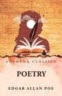 "Lushena Classics: Poetry von Edgar Allan Poe. Silhouette mit aufgeschlagenem Buch, Feder, Tintenfass, Wolken und fliegenden Vögeln."