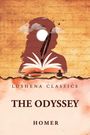 Buchtitel "THE ODYSSEY", Autor "HOMER", Serie "Lushena Classics". Illustration: Silhouette mit Buch, Feder und Wolken.