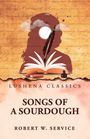 Ein offenes Buch mit Feder und Tintenfass vor Sonnenuntergang, Schriftzüge: "LUSHENA CLASSICS", "SONGS OF A SOURDOUGH", "ROBERT W. SERVICE".