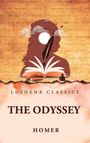 LUSHENA CLASSICS. THE ODYSSEY. HOMER. Silhouette einer Person mit Feder und Buch, Wolken und Vögel im Hintergrund.