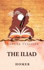 "LUSHENA CLASSICS", "THE ILIAD", "HOMER"; Silhouette mit Buch, Feder, Sonne, Vögel und Wolken auf altmodischem Hintergrund.