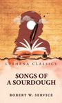 „Lushena Classics: Songs of a Sourdough, Robert W. Service.“ Silhouette mit Feder, Buch und Tintenfass auf Schrift.
