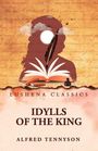 "Lushena Classics: Idylls of the King, Alfred Tennyson". Silhouette eines Ritters, geöffnetes Buch, Feder, Tintenfass.