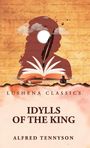 "IDYLLS OF THE KING," Alfred Tennyson, Lushena Classics. Silhouette mit Buch, Feder und Sonne.