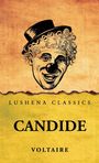 "Lushena Classics, CANDIDE, VOLTAIRE"; Illustration eines lächelnden Clowns mit Hut auf altem Papierhintergrund.