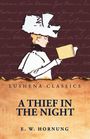 "Lushena Classics, A Thief in the Night, E. W. Hornung." Illustration: Frau mit großem Hut liest Buch.