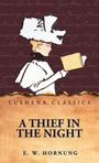 LUSHENA CLASSICS. A THIEF IN THE NIGHT. E. W. HORNUNG. Illustration einer Person mit großem Hut, die ein Buch liest.