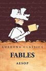 "Lushena Classics. Fables. Aesop." Illustrative Darstellung einer Frau mit Hut, die ein Buch liest. Hintergrund mit Schrift.