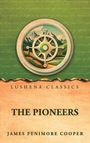 "Lushena Classics: The Pioneers, James Fenimore Cooper." Oben: Landschaft mit Bergen und Steuerrad-Illustration.