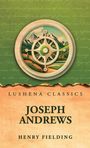 "Lushena Classics," "Joseph Andrews," "Henry Fielding." Ein Kompass vor Berglandschaft, grüne und orange Töne.