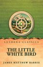"LUSHENA CLASSICS, THE LITTLE WHITE BIRD, JAMES MATTHEW BARRIE" in stilvoller Schrift, Kompass und Landschaft.