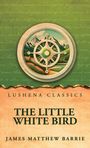 LUSHENA CLASSICS: THE LITTLE WHITE BIRD. JAMES MATTHEW BARRIE. Illustration mit Kompass und Landschaft vor grünem Hintergrund.