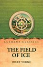 "LUSHENA CLASSICS, THE FIELD OF ICE, JULES VERNE." Illustration eines Kompasses vor Berglandschaft, grüner und oranger Hintergrund.