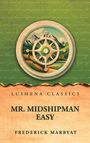 Text: "Lushena Classics, Mr. Midshipman Easy, Frederick Marryat."  
Illustration: Steuerrad vor Bergen und grüner Landschaft.