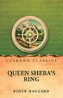 Oben: "LUSHENA CLASSICS". Mitte: "QUEEN SHEBA'S RING". Unten: "RIDER HAGGARD". Illustration eines Kompasses mit Landschaft.