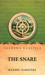Text: Lushena Classics - The Snare - Rafael Sabatini. Illustration: Berge und Kompass auf grünem und orangefarbenem Hintergrund.