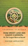 Oben steht „Lushena Classics“. Darunter „Tom Swift and His Giant Cannon; Or, The Longest Shots on Record“. Illustration eines Kompasses vor Bergen.