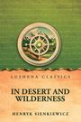 Oben steht "Lushena Classics", darunter "In Desert and Wilderness" von Henryk Sienkiewicz. Eine Kompass-Illustration mit Bergen.