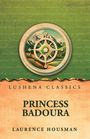 "Lushena Classics: Princess Badoura von Laurence Housman." Ein Kompassrad vor einer Illustration von Bergen und Wolken.