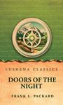 Texte: "Lushena Classics", "Doors of the Night", "Frank L. Packard". Hintergrund: Kompass, Berge, grün-orange Töne.