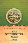 Lushena Classics: THE WESTMINSTER ALICE von Saki. Illustration: Kompass vor Bergen, grüner Hintergrund mit Text.