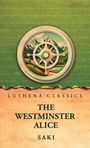 Text: Lushena Classics, The Westminster Alice, Saki. Illustration eines Steuerrads vor Berglandschaft auf grünem Hintergrund.
