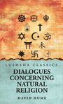 "Lushena Classics: Dialogues Concerning Natural Religion, David Hume." Verschiedene religiöse Symbole auf gemustertem Hintergrund.