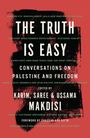Texte: "The Truth is Easy", "Conversations on Palestine and Freedom". Bearbeitet von Karim, Saree & Ussama Makdisi. Roter Hintergrund, schwarzer Pinselstrich.